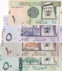 Saudi Arabia, 1-5-10-50 Riyals, 2007/2012, p31; p32; p33; p34, (Total 4 banknotes)
1-5-10 Riyals, UNC; 50 Riyals, AUNC
Estimate: USD 25-50