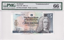 Scotland, 5 Pounds, 2004, UNC, p363
PMG 66 EPQ, Commemorative banknot
Estimate: USD 30-60