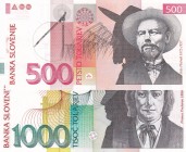 Slovenia, 500-1.000 Tolarjev, (Total 2 banknotes)
500 Tolarjev, 1992, UNC(-), p16a; 1.000 Tolarjev, 2005, UNC, p32c
Estimate: USD 25-50