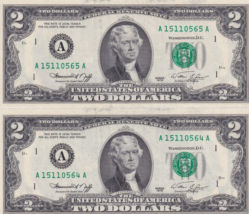United States of America, 2 Dollars, 1976, UNC, p461, (Total 2 consecutive bankn...