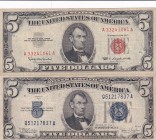 United States of America, 5 Dollars, (Total 2 banknotes)
5 Dollars, 1934, VF, p414Ac, Blue seal; 5 Dollars, 1963, VF(+), p383, Red seal
Estimate: US...