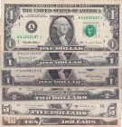 United States of America, 1-1-1-2-5-10 Dollars, (Total 6 banknotes)
1 Dollar, 1935-1957-1995, VF-VF(+); 2 Dollars, 1976, XF; 5 Dollars, 1988, VF(+); ...
