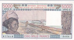 West African States, 5.000 Francs, 1992, AUNC, p308Cr
"C'' Burkina Faso
Estimate: USD 40-80