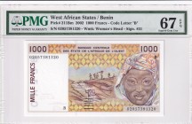 West African States, 1.000 Francs, 2002, UNC, p211Bm
PMG 67 EPQ, High condition
Estimate: USD 25-50