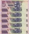 Zimbabwe, 5 Dollars, 2019, UNC, pNew, (Total 5 consecutive banknotes)
Estimate: USD 10-20