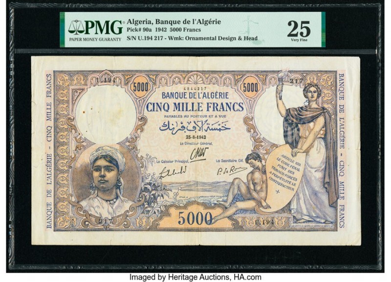 Algeria Banque de l'Algerie 5000 Francs 25.8.1942 Pick 90a PMG Very Fine 25. Tea...