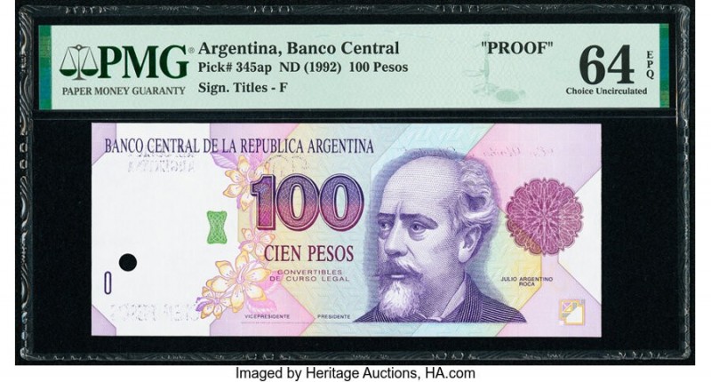Argentina Banco Central 100 Pesos ND (1992) Pick 345ap Proof PMG Choice Uncircul...