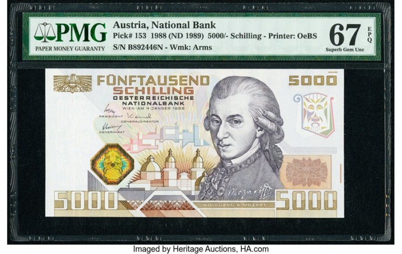 Austria Austrian National Bank 5000 Schilling 1988 (ND 1989) Pick 153 PMG Superb...