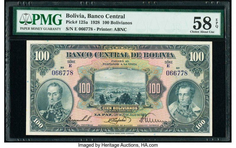Bolivia Banco Central 100 Bolivianos 1928 Pick 125a PMG Choice About Unc 58 EPQ....
