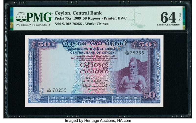 Ceylon Central Bank of Ceylon 50 Rupees 10.20.1969 Pick 75a PMG Choice Uncircula...