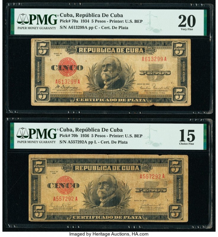 Cuba Republica de Cuba 5 Pesos (1934-1936) Pick 70a; 70b PMG Choice Fine 15; Ver...