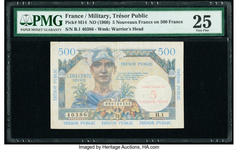 France Tresor Public 5 Nouveaux Francs on 500 Francs ND (1960) Pick M14 PMG Very...