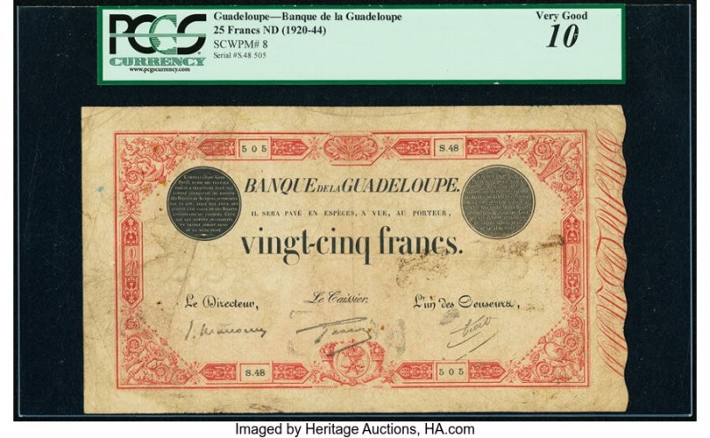 Guadeloupe Banque de la Guadeloupe 25 Francs ND (1920-44) Pick 8 PCGS Very Good ...