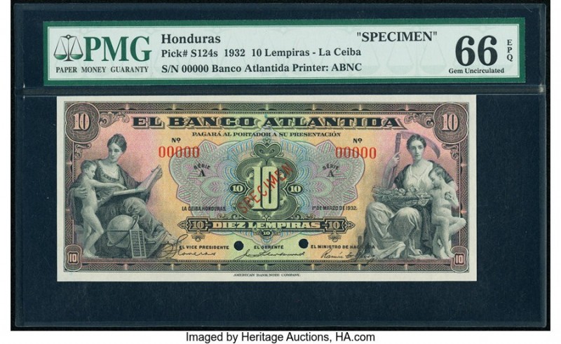 Honduras Banco Atlantida 10 Lempiras 1.3.1932 Pick S124s Specimen PMG Gem Uncirc...