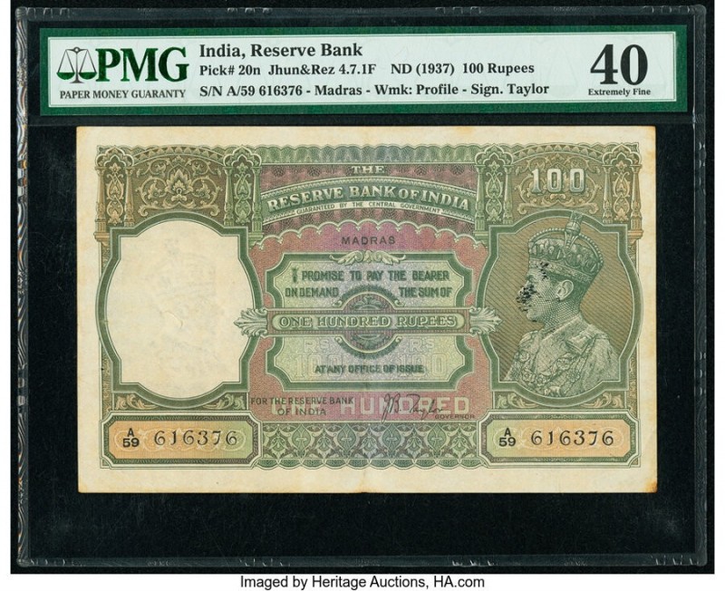 India Reserve Bank of India 100 Rupees ND (1937) Pick 20n Jhun4.7.1F PMG Extreme...