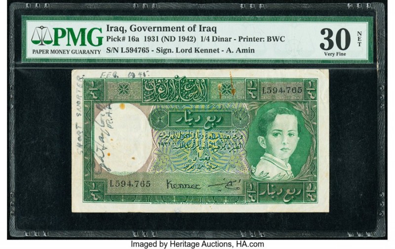 Iraq Government of Iraq 1/4 Dinar 1931 (ND 1942) Pick 16a PMG Very Fine 30 Net. ...
