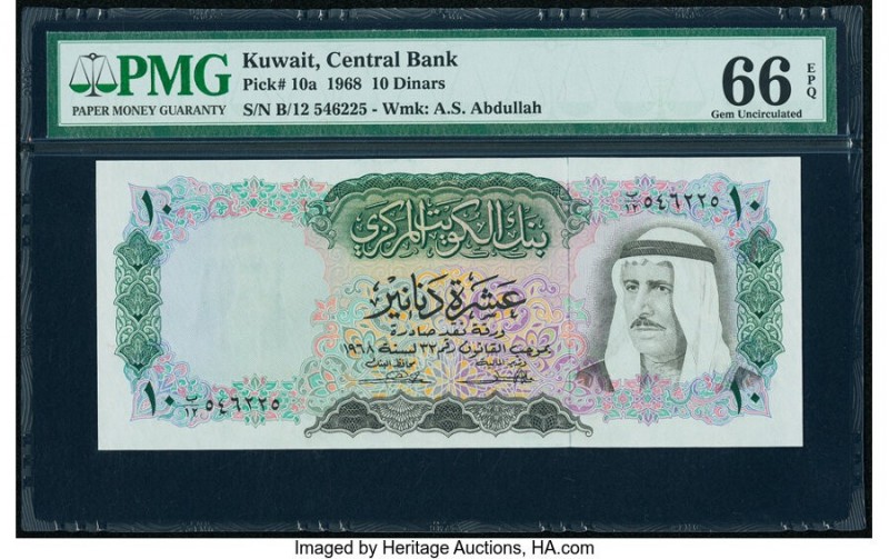 Kuwait Central Bank of Kuwait 10 Dinars 1968 Pick 10a PMG Gem Uncirculated 66 EP...