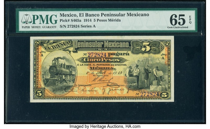 Mexico Banco Peninsular Mexicano 5 Pesos 1914 Pick S465a M561a PMG Gem Uncircula...