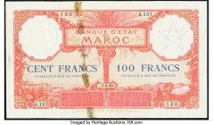 Morocco Banque d'Etat du Maroc 100 Francs 1.4.1926 Pick 14 Fine-Very Fine. This example is torn in half and taped together. Tape and tape residue. Apa...