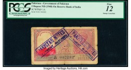 Pakistan Government of Pakistan 2 Rupees ND (1948) Pick 1A Jhunjhunwalla-Razack 5.18.1 PCGS Fine 12. Stamp cancelled, small tears, holes. 

HID0980124...