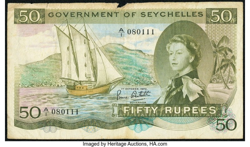 Seychelles Government of Seychelles 50 Rupees 1.10.1970 Pick 17c Fine-Very Fine....
