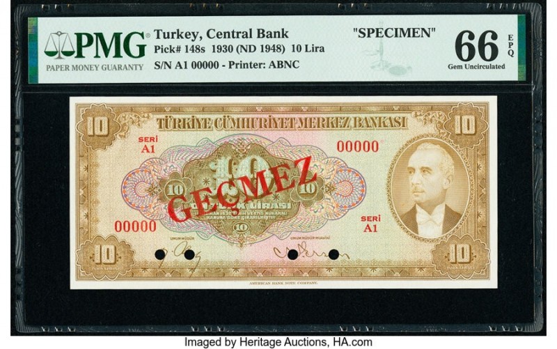 Turkey Central Bank 10 Lira 1930 (ND 1948) Pick 148s Specimen PMG Gem Uncirculat...