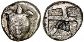 AEGINA: AR stater (10.56g), ca. 480-457 BC, HGC 6-435, Milbank pl. 1-13, sea turtle with line of pellets down the back of its shell // incuse square w...