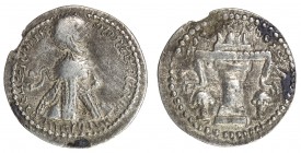 SASANIAN KINGDOM: Ardashir I, 224-241, AR obol (0.57g), G-12, king 's bust, wearing tight headdress with korymbos & earflaps // fire altar, About VF....