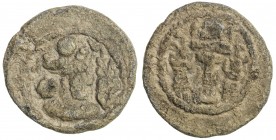 SASANIAN KINGDOM: Varhran IV, 388-399, lead 17mm (2.91g), G-type I, SNS�—, king 's bust right, ornamental floral symbol to right // fire altar & two a...