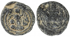 SASANIAN KINGDOM: Yazdigerd I, 399-420, lead 16mm (2.12g), G-—, king 's bust right, symbol resembling an animal head to right // fire altar & two atte...