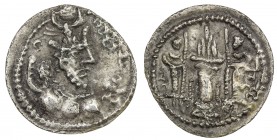 SASANIAN KINGDOM: Yazdigerd II, 438-457, AR obol (0.39g), G-162, king 's bust right // fire altar & two attendants, each holding long lance, bold stri...