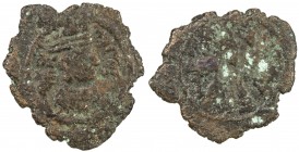 SASANIAN KINGDOM: Ardashir III, 628-630, AE pashiz (0.82g), MM, year 2, standard design, with the ruler 's name fully legible to the right of the king...
