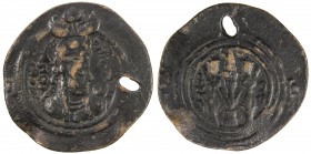 SASANIAN KINGDOM: Boran, 630-631, AE pashiz (2.80g), ST (Istakhr), year 1, G-—, obverse & reverse designs as on her silver drachms of all mints, pierc...