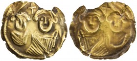 CENTRAL ASIA: Anonymous, ca. 7th-9th century, AV burial bracteate (0.61g), Zeno-210816 (this piece), portraits of Byzantine Heraclius & his son Consta...