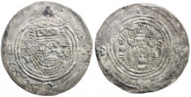 HUNNIC: "Khusro" type, before 700, AR drachm (3.34g), cf. Zeno-33518, imitation of a Sasanian drachm of Khusro II, Sogdian legend in ObQ3 and Sogdian ...