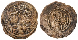 ARAB-SASANIAN: Anonymous, ca. 690-720, AE pashiz (1.26g), Gyanbud (Qasr-i Abu Nasr), A-43B, Gyselen-80, two Byzantine busts, with cross on crown, as H...