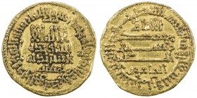 ABBASID: al-Ma 'mun, 810-833, AV dinar (4.22g), NM (Egypt), AH198, A-222.4, citing the caliph al-Ma 'mun and the governor al-Muttalib, bold strike, VF...