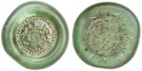 FATIMID: al-Hakim, 996-1021, glass weight or jeton (5.88g), A-713, FGJ-154, Imam 's name and title is 4-line legend, uniface; bluish green, translucen...