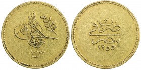 EGYPT: Abdul Mejid, 1839-1861, AV 100 qirsh (8.49g), Misr, AH1255 year 3, KM-235.1, one ding on the reverse rim, VF-EF.
Estimate: $525 - $600
