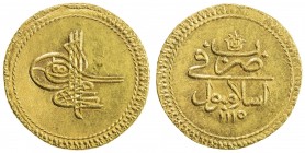 TURKEY: Ahmad III, 1703-1730, AV sultani (findik) (3.48g), Islambul, AH1115, KM-173, initial #16, some original luster, choice AU.
Estimate: $220 - $...