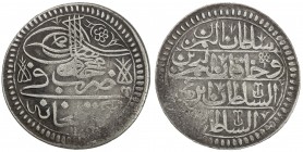 TURKEY: Mahmud I, 1730-1754, AR yirmilik (20 para) (13.92g), Gümüshane, AH1143, KM-207, initial #12; one area of weakness on both sides (because the f...