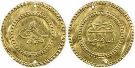 TURKEY: Mustafa III, 1757-1774, AV 3 altin (9.43g), Islambul, AH1171 year 9, KM-350, Damali-K-A2b, slightly bent, pierced twice, VF, ex Ahmed Sultan C...