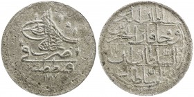 TURKEY: Abdul Hamid I, 1774-1789, BI 20 para, AH1187 year 1, KM-366, small scratches and digs over entire coin, one-year type, AGS graded VF20 details...