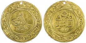 TURKEY: Abdul Hamid I, 1774-1789, AV 1½ altin (4.27g), Islambul, AH1187 year 8, KM-424, Damali-K-A5b, pierced, bold VF, ex Ahmed Sultan Collection. 
...