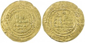 SAMANID: Nasr II, 914-943, AV dinar (4.02g), al-Muhammadiya, AH322, A-1449, citing the caliph al-Qahir, with an extra outer margin with "good-luck" wo...