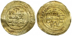 GHAZNAVID: Muhammad, 1030, AV dinar (4.39g), Ghazna, AH419 (sic), A-1616, old obverse die of his father Mahmud, with Mahmud 's kunya Abu 'l-Qasim mule...
