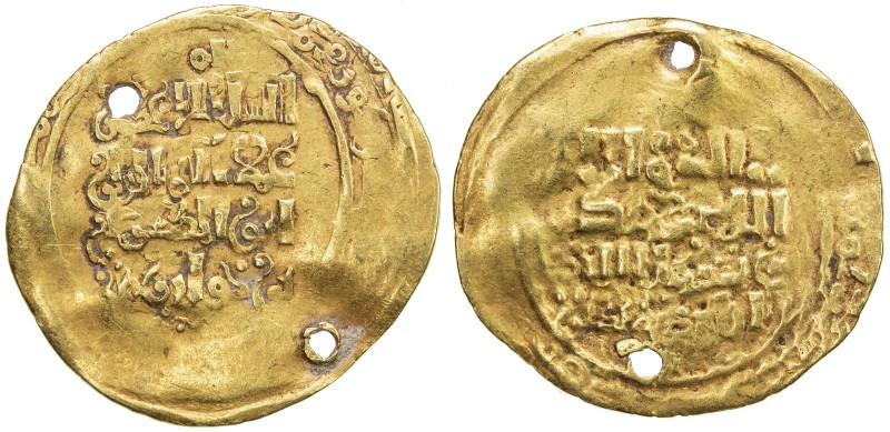 KHWARIZMSHAH: Takish, 1172-1200, AV dinar (2.87g) (Nishapur), DM, A-1711, pierce...