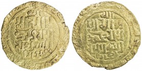 GREAT MONGOLS: Anonymous, ca. 1220s-1230s, AV dinar (8.55g), Bukhara, ND, A-B1967, totally anonymous, only the kalima on both sides, with the mint bel...