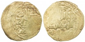 GREAT MONGOLS: Anonymous, ca. 1220s-1240s, AV dinar (4.07g), Nishapur, DM, A-1966, obverse legend qa 'an / al- 'adil / al-a 'zam, with the phrase al-m...