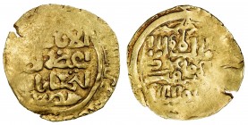 GREAT MONGOLS: Anonymous, ca. 1230s-1260s, AV dinar (3.43g), Qara Qorum, ND, A-B1967var, cf. Zeno-60957, obverse legend is al-urdu al-a 'zam followed ...